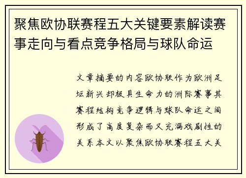 聚焦欧协联赛程五大关键要素解读赛事走向与看点竞争格局与球队命运